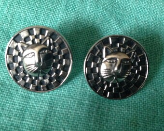 Laurel Burch Earrings Checkerboard Lion Face Cat Stud Post Back Vintage Jewelry 1980s RARE Silver Steel