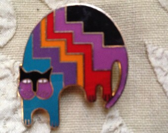 Laurel Burch Brooch Rainbow AZTEC CAT Pin Arched Back Cloisonné Art Jewelry RARE Piece Signed