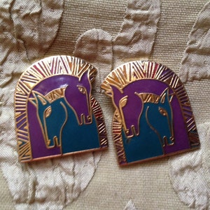 Laurel Burch Earrings EMBRACING HORSES Cloisonne Stud Post Back Vintage Jewelry 1980s Purple Turquoise Gold