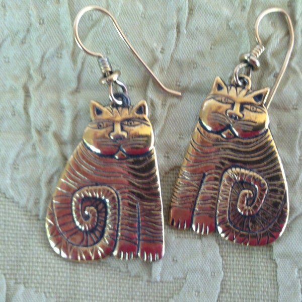 Laurel Burch Boucles d’oreilles SHAMBALA CAT Or Laiton Français Ear Wire Dangle vintage Bijoux années 1980