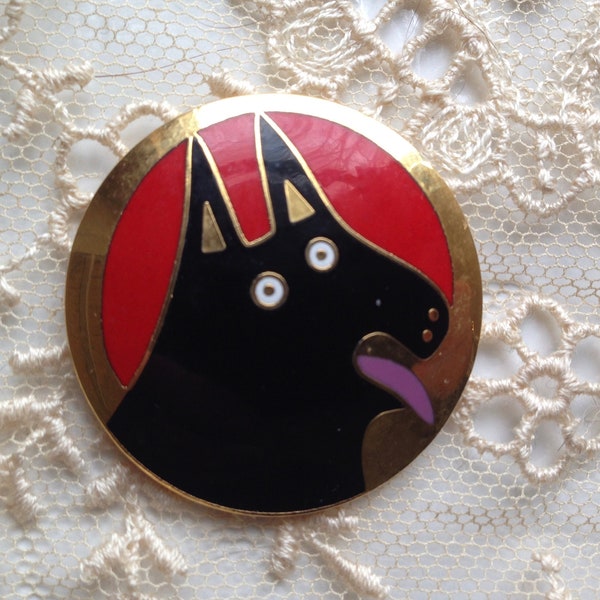 Laurel Burch BASSO DOG  Brooch Pin Cloisonné Art Jewelry Signed Black Red White Gold RARE