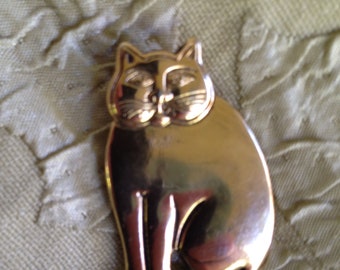 Laurel Burch Mystic Cat Brooch Pin Pendant Gold Art Jewelry Signed