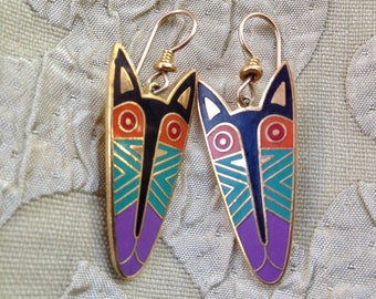 Laurel Burch Earrings FOX MASK Cloisonne Dangle French Ear Wires RARE Vintage Jewelry 1990s Black Turquoise Lilac Orange Gold