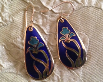 Laurel Burch Earrings WILD IRIS Cobalt Blue Teardrop Cloisonne Dangle French Ear Wires Vintage Jewelry 1980s