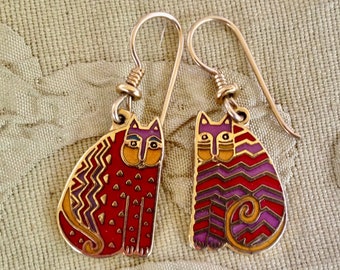 Laurel Burch LITTLE RED CATS Gold Cloisonne French Ear Wire Dangle Earrings Vintage Jewelry 1980s