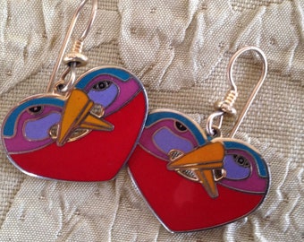 Laurel Burch Earrings HEART BIRDS Cloisonne Dangle French Ear Wires Dangle Vintage Jewelry 1980s Gold Filled RED