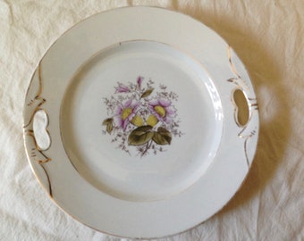 Handled Cookie Plate Lavender Flowers Green Leaves 9 Inch Porcelain Country Kitchen Decor Germany Bavaria
