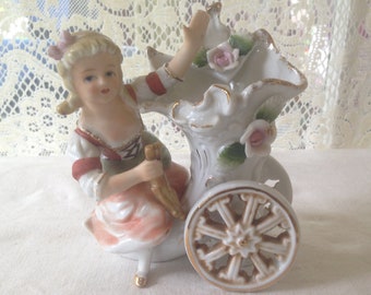 Vintage Swiss Girl Cornucopia Cart Porcelain Figurine Collectible 6" Tall Gold Details 1960s