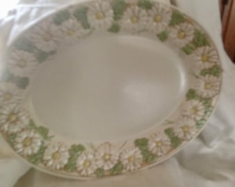 Metlox Sculptured Daisy Poppy Trail 8 Dinner Plates Moss Green Beige California Pottery 1960s Classics