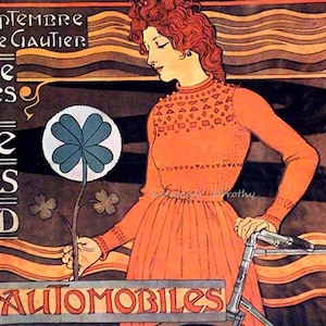 May include: A vintage advertisement for automobiles featuring a woman in a red dress and a red sweater with a geometric pattern. The woman is holding a bicycle handlebar and standing in front of a background of stylized waves and a four-leaf clover.