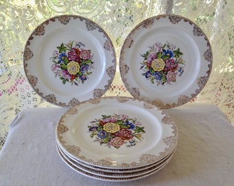 Sheffield China Salad Plates Set 6 Floral Gold Filigree Trim 1940s USA Vintage Kitchen Dining Country Cottage WWII ERA 7 1/2"