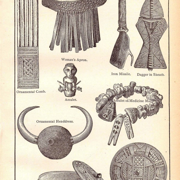 African Artifacts Cultural Anthopology Vintage 1906 Edwardian Era Engraved Illustration To Frame Black & White