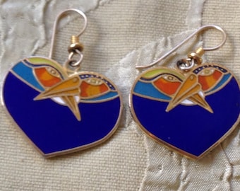 Laurel Burch BIRD HEART Cloisonne Dangle Earrings French Ear Wires Vintage Jewelry 1980s Gold Filled Blue Teal Orange