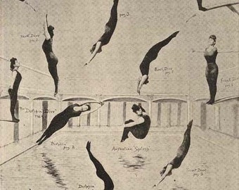 Annette Kellerman's Feats Of Diving Swimming Fitness Illustration Chart 1920s Roaring Twenties Woman Black & White