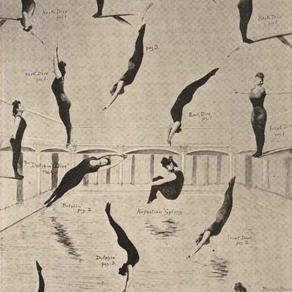 Annette Kellerman's Feats Of Diving Swimming Fitness Illustration Chart 1920s Roaring Twenties Woman Black & White