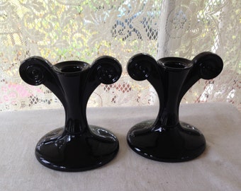 Candlesticks Candle Holder Set Fostoria Grecian Scroll Black Ebony 1920 1930s Art Deco Pristine Condition