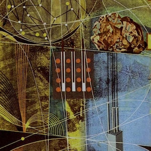 May include: Abstract art print with a yellow, blue, and brown color scheme. The print features geometric shapes, lines, and dots.