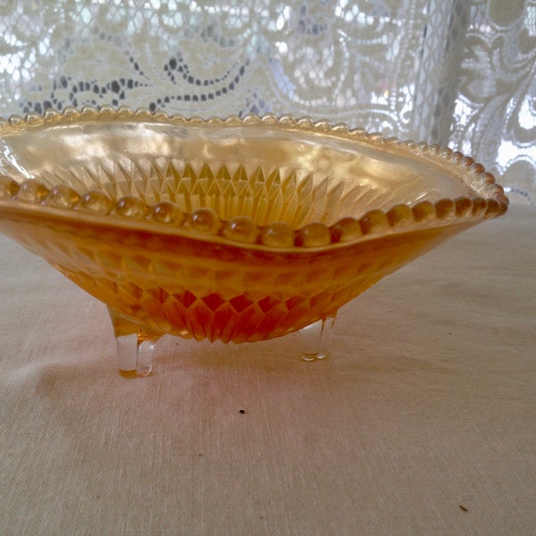 Jeanette Peach Carnival Glass Footed Candy Dish Fluted Edges Keys Pocket Change 1950s