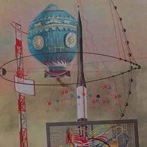 May include: A vintage illustration of a hot air balloon with a blue and white design, a rocket, and a tower with a red and white striped antenna. The illustration is surrounded by a network of red and black lines and circles.