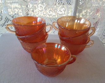 7 Federal Glass Normandie Bouquet & Lattice Marigold Carnival Glass Cups Dessert Teacups 1940s Seven