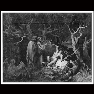 May include: A black and white illustration of two figures in a dark forest. The figures are standing near a large tree trunk with branches reaching out. The figures are wearing long robes and have long hair. The background is dark and shadowy.