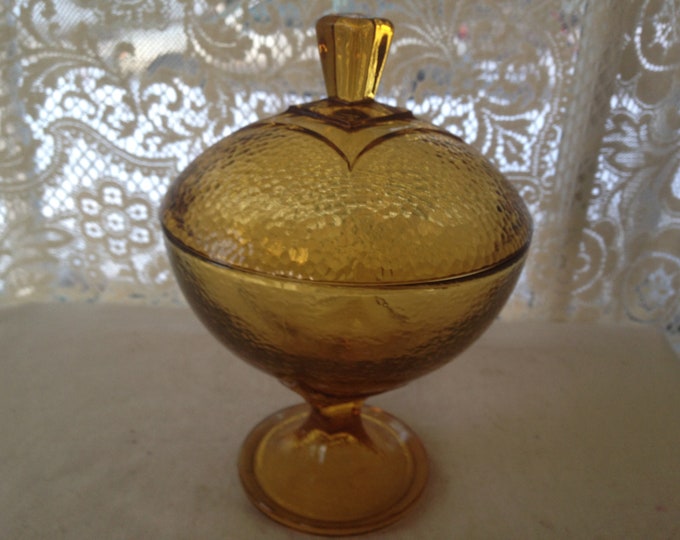 Covered Pedestal Candy Dish Hazel Atlas Country Square Amber Gold Glass