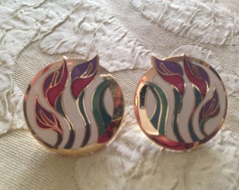 Laurel Burch Post Earrings LILLIES FOR LES Cloisonné Art Jewelry Vintage Piece Signed Teal Purple Russet Gold