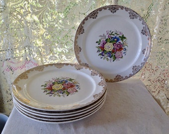 Sheffield China Dinner Plates Set 6 Floral Gold Filigree Trim 1940s USA Vintage Kitchen Dining Country Cottage WWII ERA