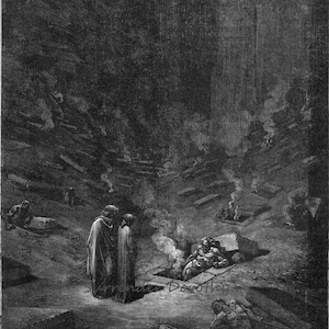 May include: A black and white illustration of a scene from Dante's Inferno. Two figures stand in the foreground, looking down at a figure lying in a pit. The scene is set in a dark, desolate landscape with many figures lying in pits.