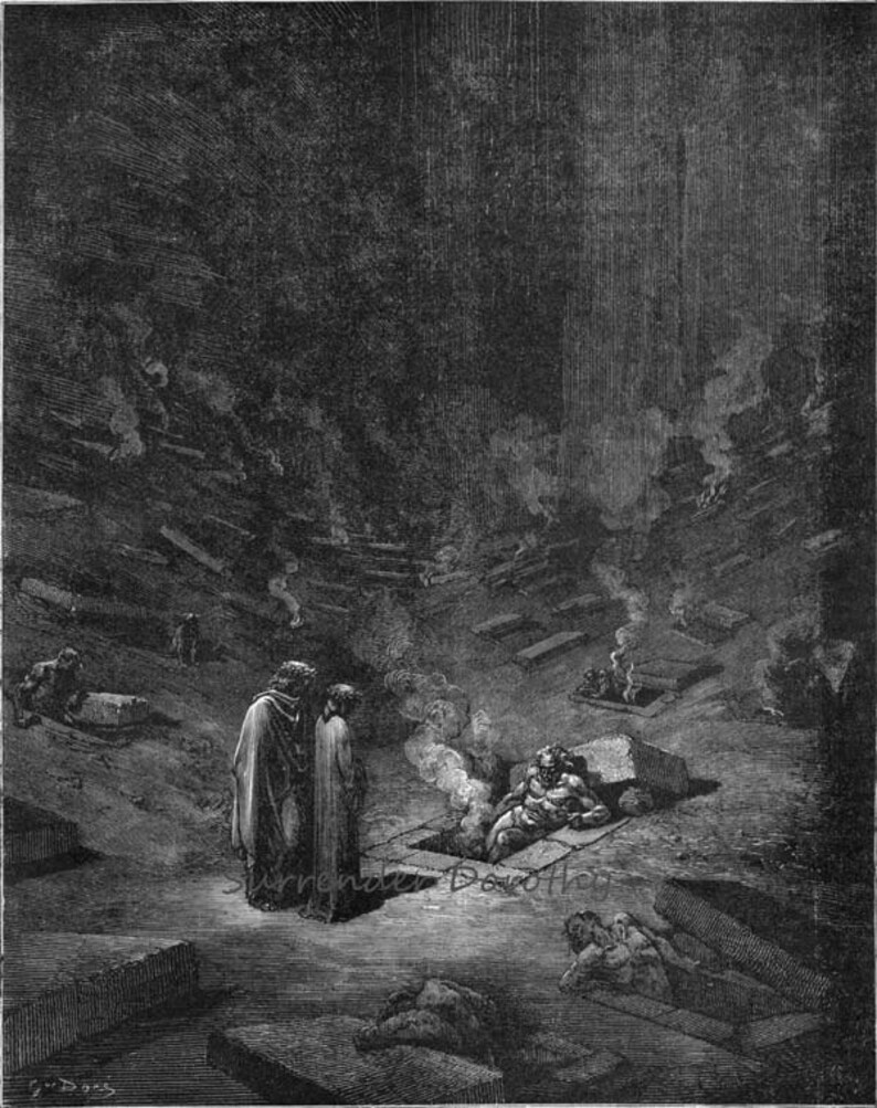 May include: A black and white illustration of a scene from Dante's Inferno. Two figures stand in the foreground, looking down at a figure lying in a pit. The scene is set in a dark, desolate landscape with many figures lying in pits.