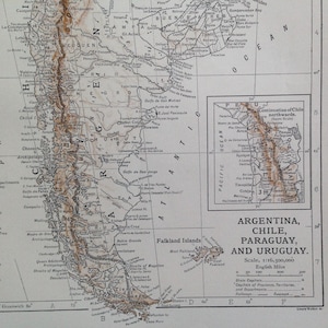 アルゼンチン チリ パラグアイ ウルグアイ 地図 1910 年代 ヴィンテージ エドワード朝 スチール 彫刻 地図作成 額装
