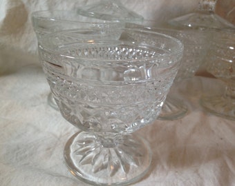 6 Vintage Wexford Dessert Dishes Pressed Glass Diamond Point Coupe/ Sherbet / Pudding Anchor Hocking