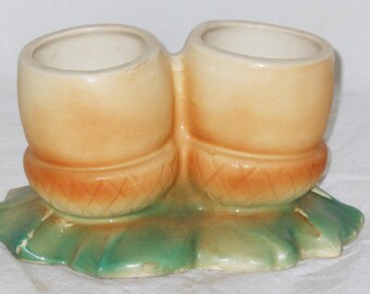 Double Acorn Planter Tan Green Glaze Classic Vintage 1950s Mid Century Novelty Home Decor