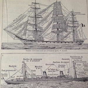 May include: Detailed black and white illustration of two sailing vessels. The top image depicts a tall ship with multiple sails and rigging, labeled with French terms. The bottom image shows a passenger ship with labeled components.