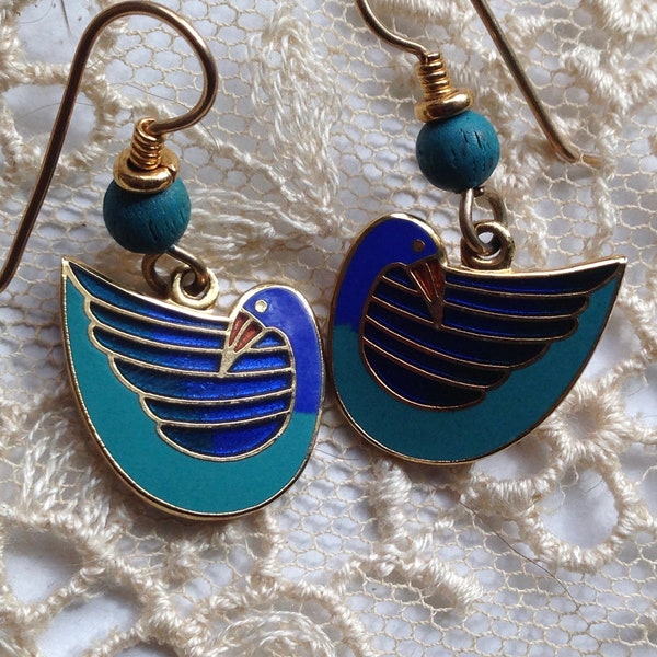 Laurel Burch Earrings Little COBALT Blue and TURQUOISE BIRD Cloisonne Dangle French Ear Wires Vintage Jewelry 1980s Teal Blue Gold