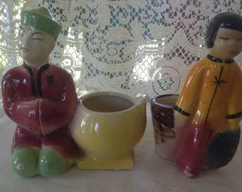 Vintage Royal Copley Chinese/ Asian Man Woman Novelty Planters Vases Mid Century Bungalow Kitchen Boy Girl Costumes USA