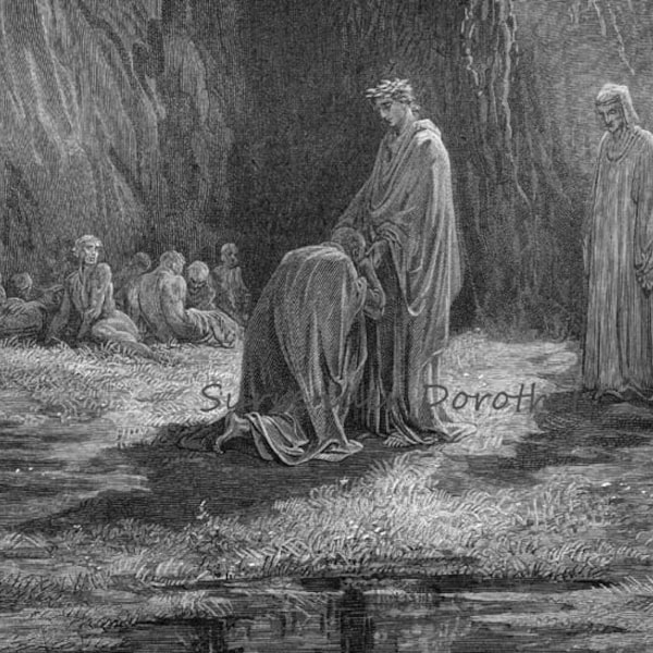 Poet Sordello Astonished Kneels Before Virgil Purgatorio Canto 7 Vintage Engraving Gustave Dore Black & White