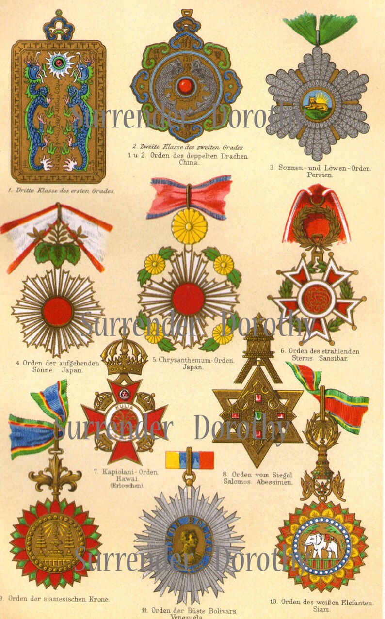 Medals Awards Asian Countries Victorian Illuminated Chromolithograph Chart From Germany 1887 image 3