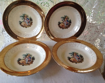 4 Sabin Crest O Gold China Soup Bowls Plates 10" 22k 1950s USA Gold Trim Formal Dining