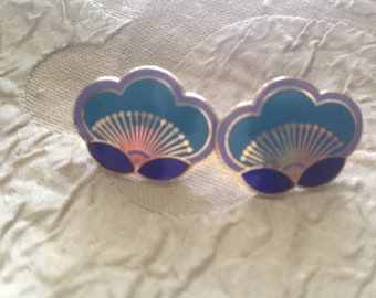 Laurel Burch earrings PLUM BLOSSOM Turquoise Cobalt Blue Cloisonne Stud Post Vintage Jewelry 1980s