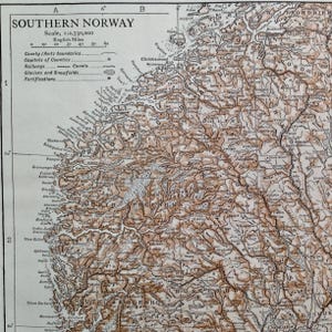 ノルウェー南部の地図 1910 ヴィンテージ エドワード朝 スチール彫刻 地図作成 額装