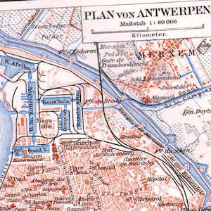 アントワープ ベルギー 周辺地図 1906 アンティーク スチール 彫刻 ヴィンテージ 地図作成 ヨーロッパ都市アート 額装