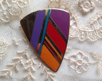 Laurel Burch Brooch Pin ELVIA Rainbow Shield Cloisonné Art Jewelry Statement Piece