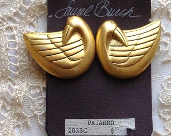 Laurel Burch PAJARRO Duck Bird Clip Earrings Gold Vintage Jewelry 1980 NOS