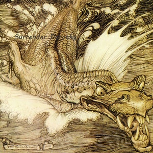 Leviathan Drache Seemonster Arthur Rackham Vintage Kinderzimmer Lithografie Kunstdruck Zum Rahmen