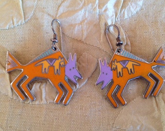 Laurel Burch Earrings BISON Cloisonne French Ear Wire Dangle Vintage Jewelry 1980s Orange Lilac Turquoise Fanciful Animal RARE