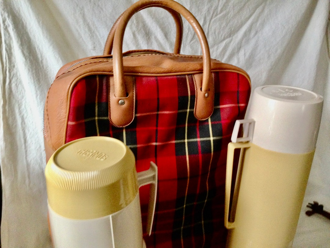 Thermos Playmates Picnic Set 1970s Tartan Plaid Red and Black Carry Bag