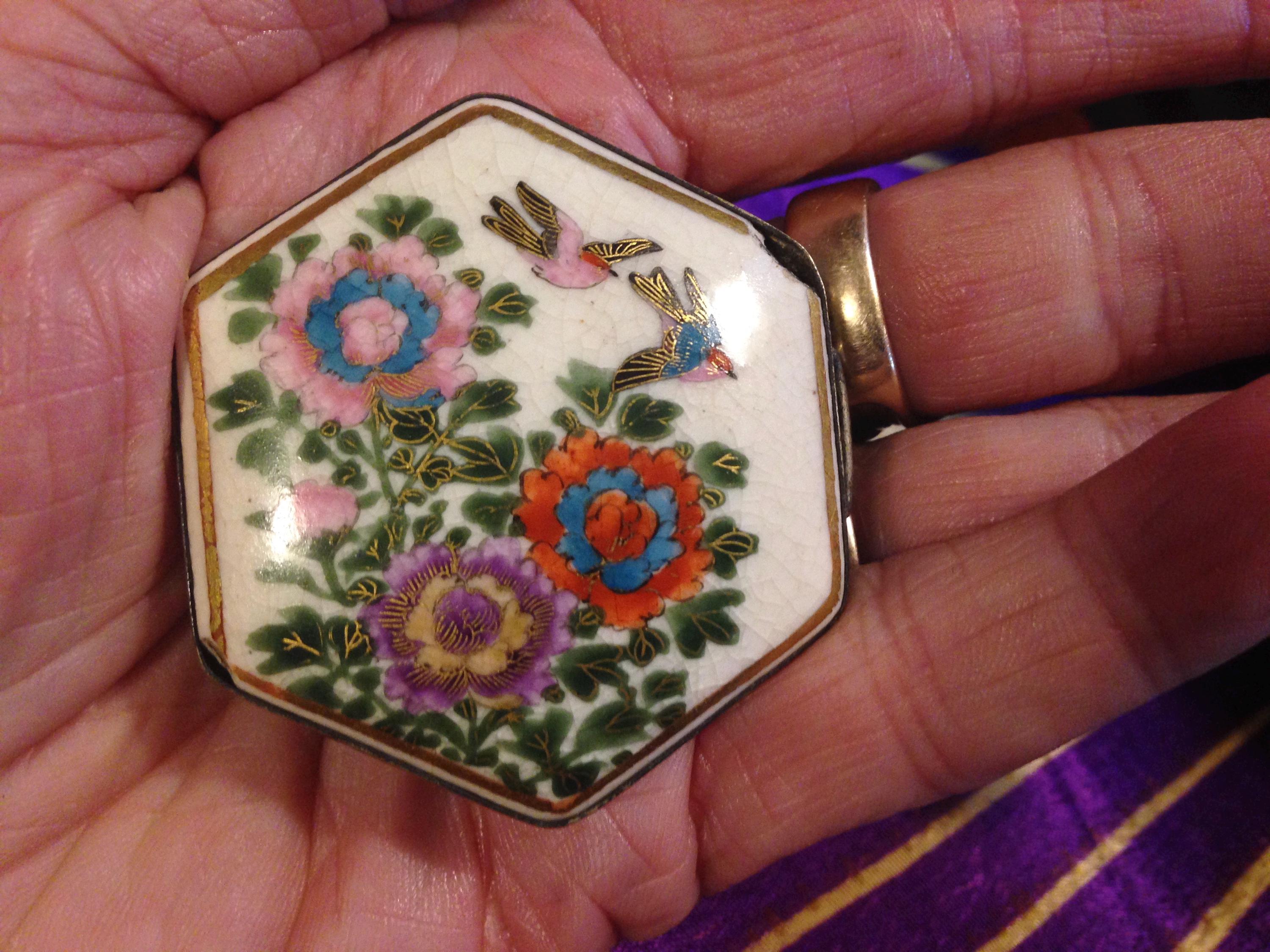 Vintage Cloisonne Belt Buckle Birds Flowers Handmade Brass 