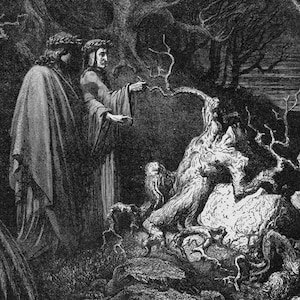 May include: A black and white illustration of two figures in robes standing in a dark forest. The figures are pointing at a large, gnarled tree trunk with roots that spread out across the ground.