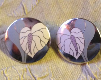 Laurel Burch Earrings ANTHURIUM Cloisonné  Post Stud Art Jewelry Vintage Piece Signed Gray White Silver